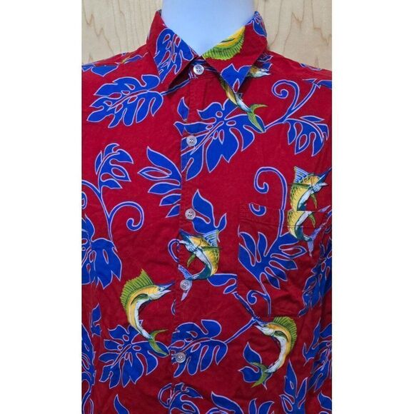 Vintage Hawaiian Fish Print Button-Up Shirt Short Sleeve Red - Picture 1 of 3